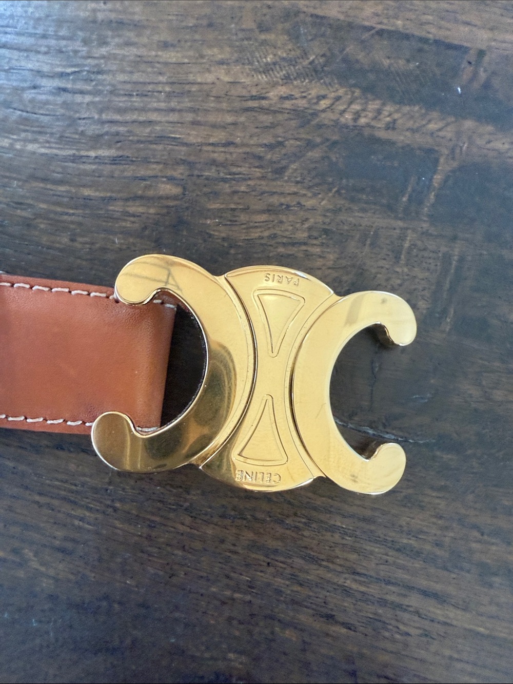 Celine Tan Leather Belt with Gold Double C Buckle